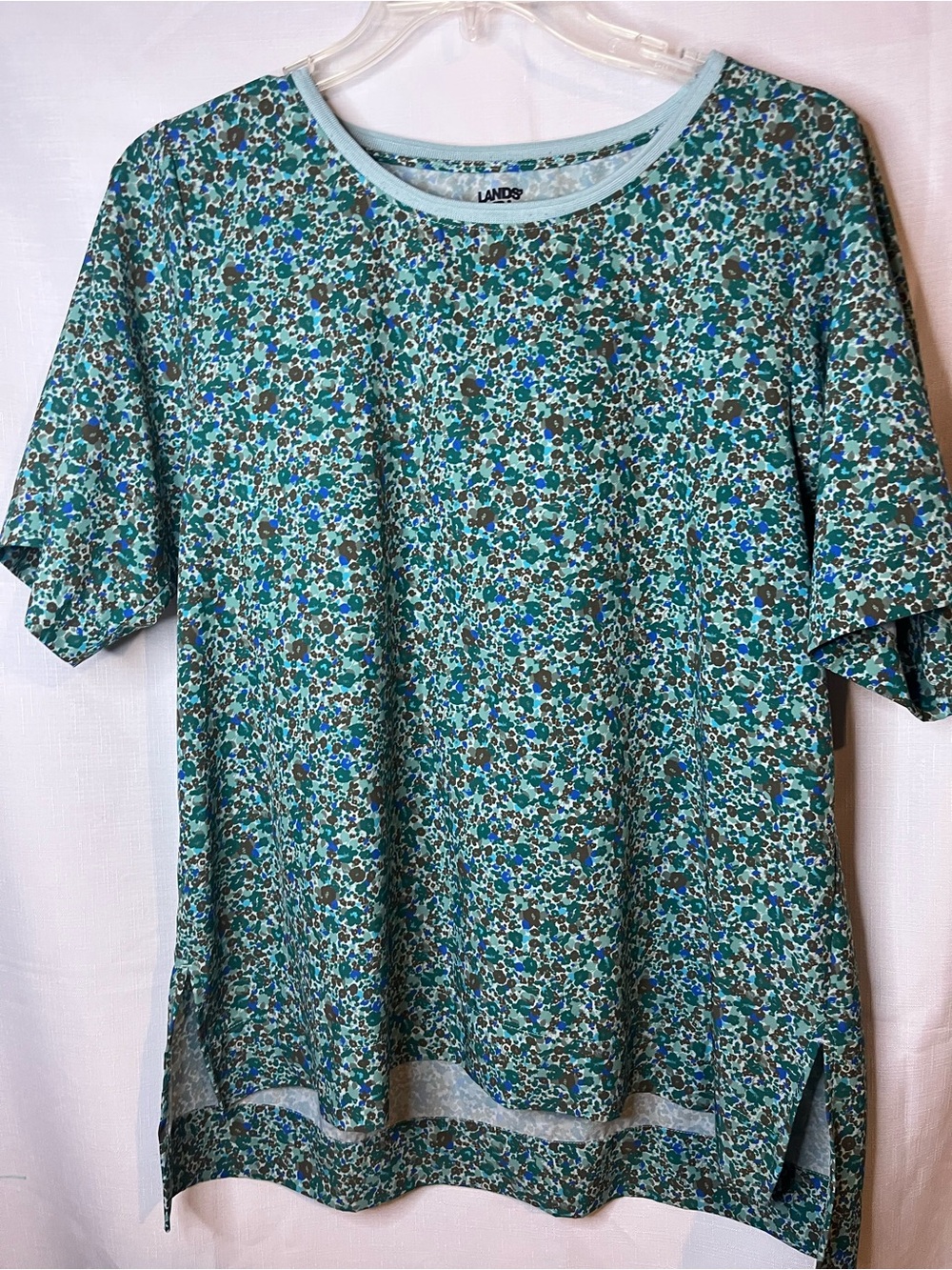 Lands' End Teal and Blue Micro-Floral Short Sleeve Tee